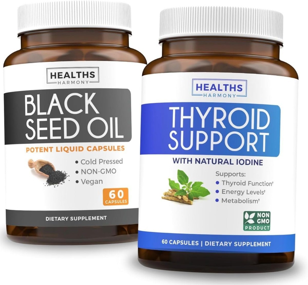Thyroid støtte og svart frøolje (1-måneders forsyning) Svart frø Thyroid Boost - Thyroid støtte (60 kapsler) Helse Supplement og svart frøolje (60 kapsler) Kaldpresset Nigella Sativa - Ikke-GMO