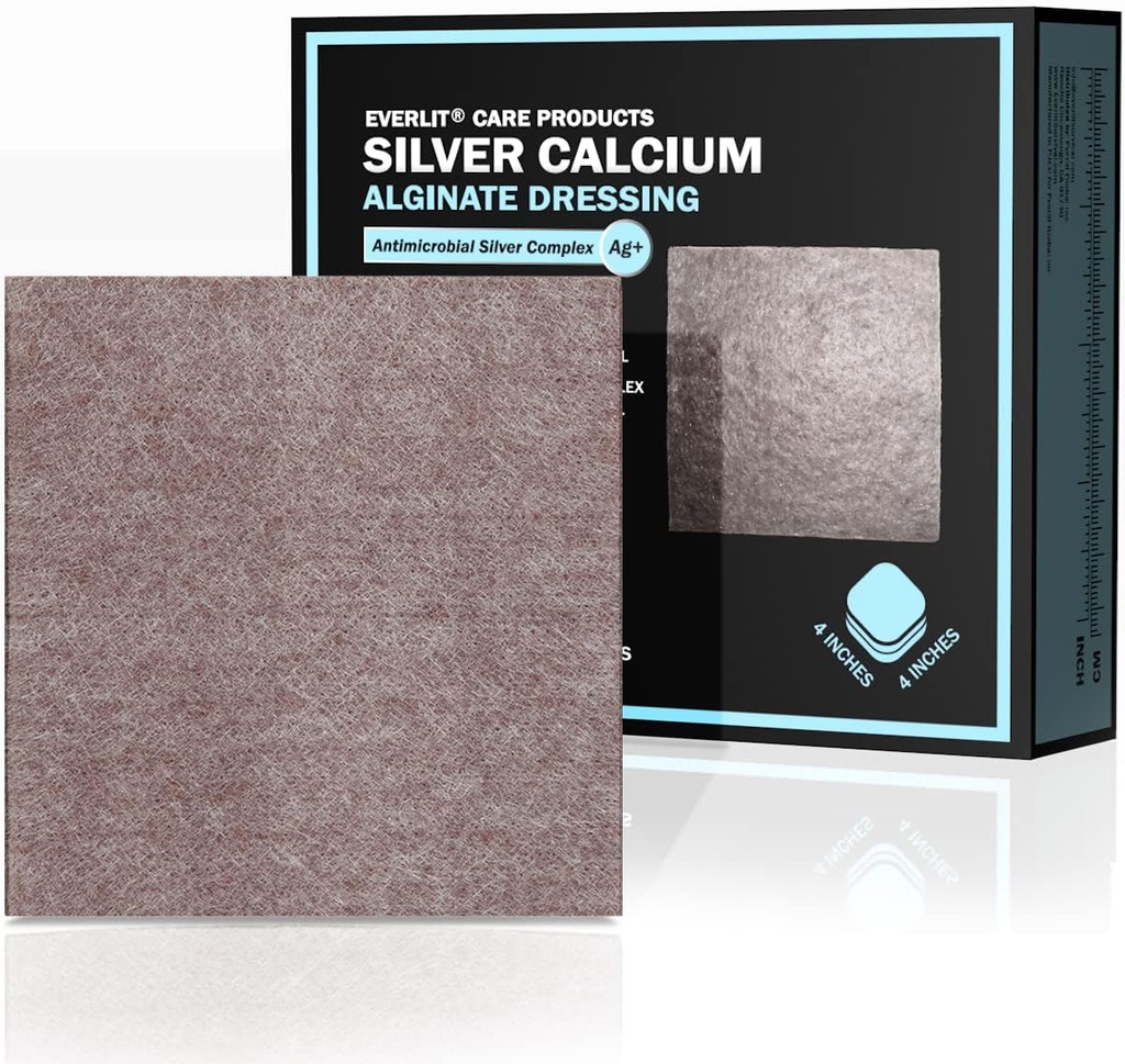 EVERLIT AG Silver Kalsium Alginate Sår Dressing | Absorbent Ikke-Stiv Sterile Dressing Pad | Gentle Hemostatic Gauze med naturlig Gelling Fiber for sår Care (4" x 4" | Pakke med 10)