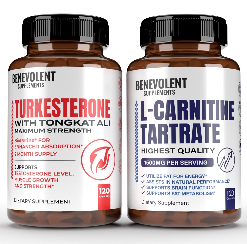 Turkesteron 8000mg [høyeste renhet] + Premium L-karnitin Tartrat Supplement - høy absorpsjon Supplement med Tongkat Ali - Øk utholdenhet, Lean Muskelvekst, støttemetabolisme og naturlig energi