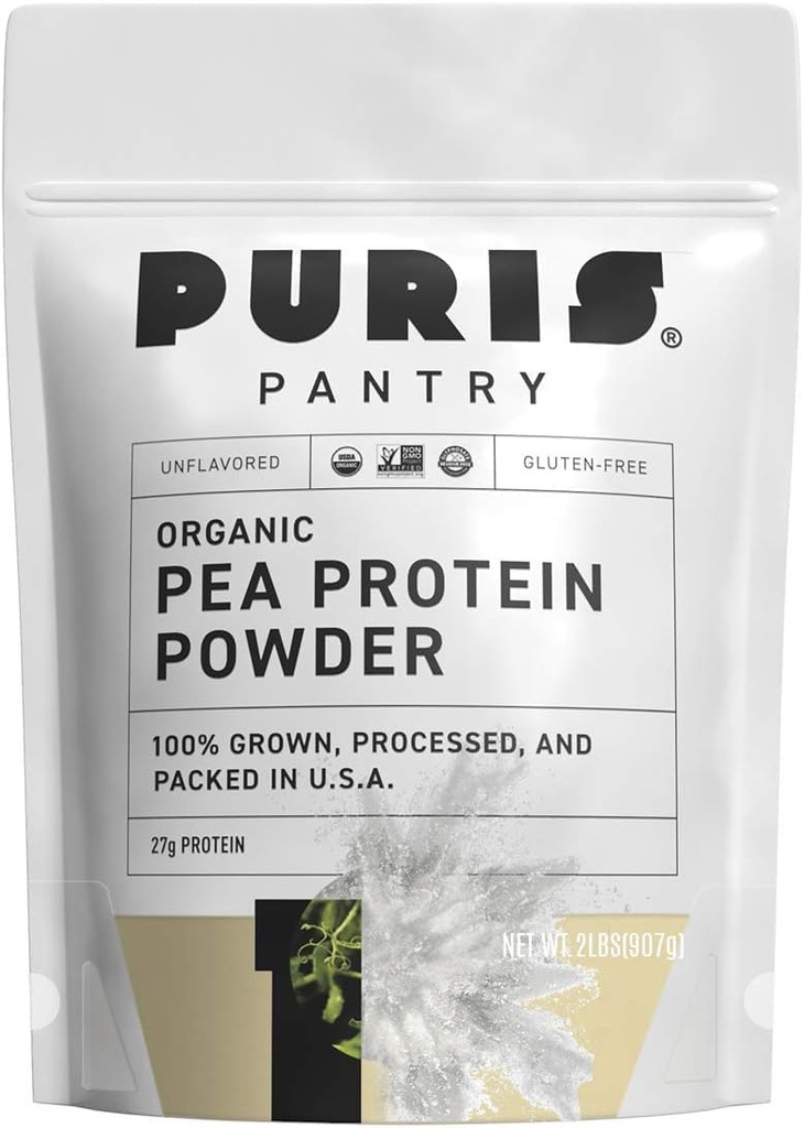 PURIS® Organic Pea Protein Powder, 100% laget i USA, 2 LB uslavored, sertifisert organisk, vegansk, glutenfri, smørfri, ikke-GMO, plantebasert protein, keto, BCAA (2 pund (pakke på 12)