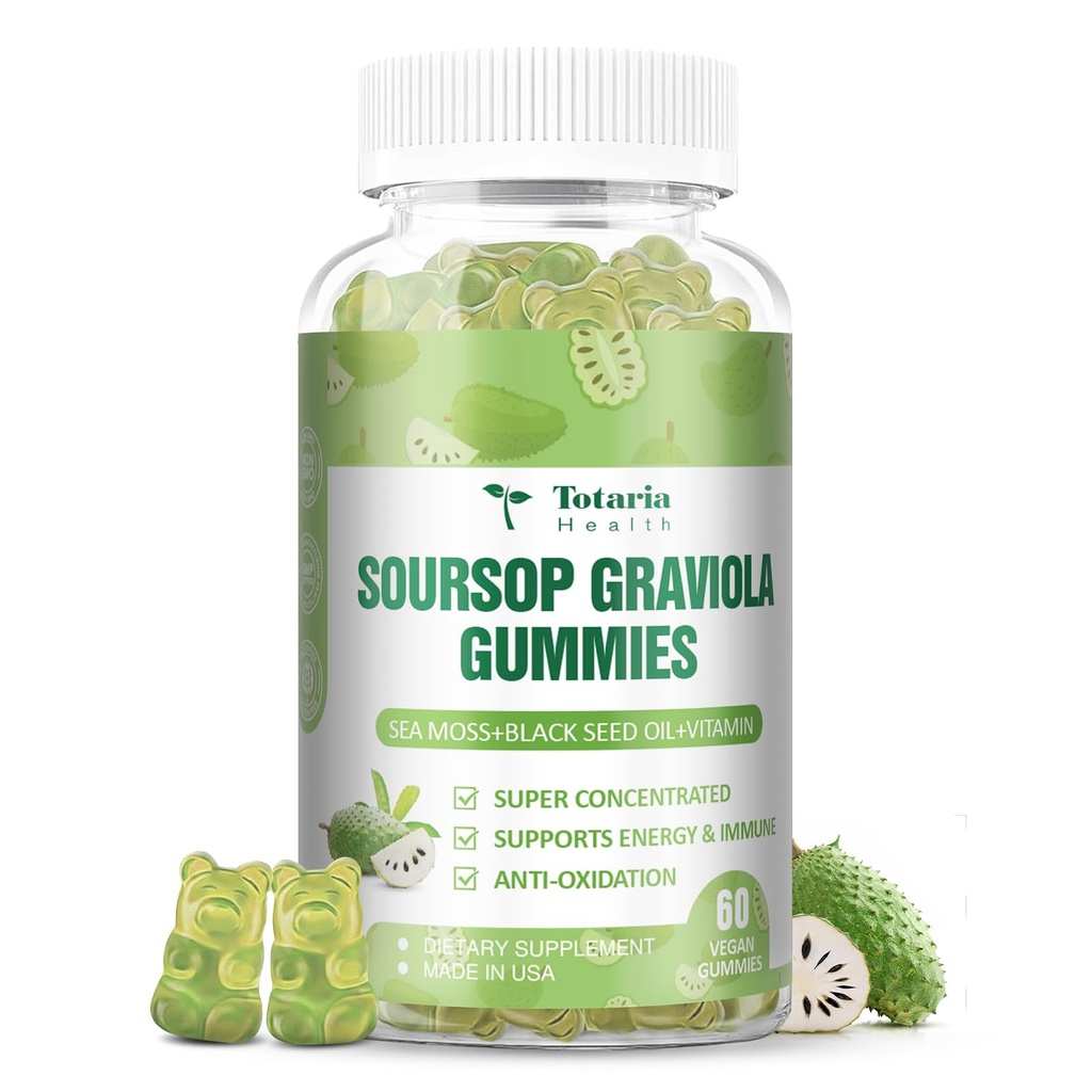 Totaria Sukker Gratis Soursop Olje Graviola Hav Moss Gummies - støtte Digestiv søvn Helse, Immunitet & Antioksidant - Guanabana Frukt med sjø Moss, 150 mg Sort Seed Oil Organic Non-GMO Vegan