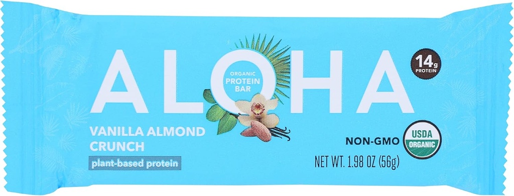 Aloha Organic Vanilla Almond Crunch Protein Bars, 14g Plantebasert Protein, USDA Certifisert Organic, Glutenfri & Ikke-GMO, 1,9 Oz (Pack of 12)