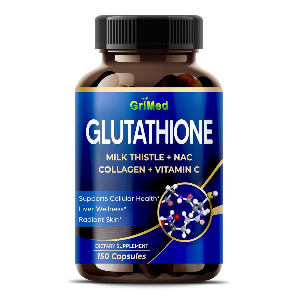 GriMed Glutathione 11.200mg - X10 Power with Milk Thistle, NAC, Collage, Vitamin C - Cellular Wellness, strålende hud - USA laget og testet (150 greve av 1))