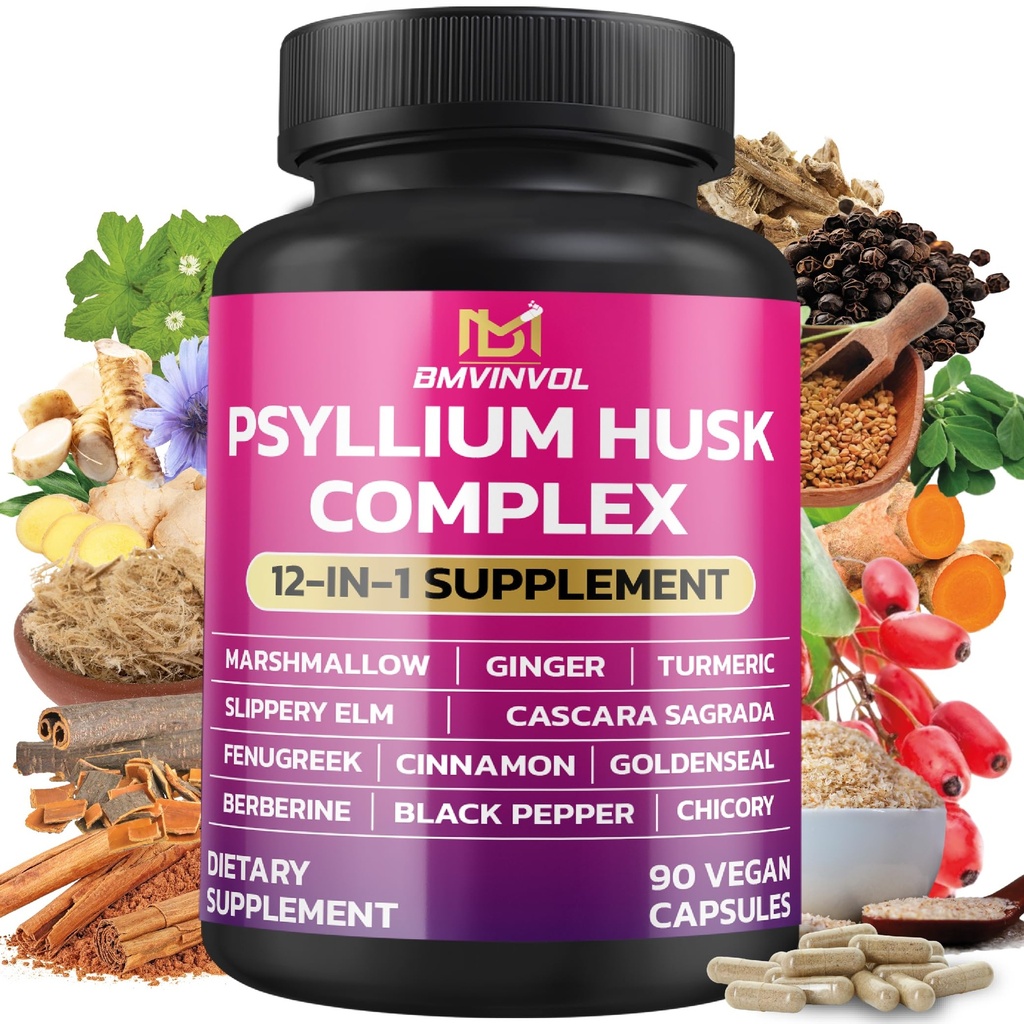BMVINVOL Psyllium Husk, Slippery Elm, Cascara Sagrada, Fenugreek, Berberine, kanel, Turmeric + 5 Mores - Immun støtte og digestiv helsetilskudd - 90 Kapsler