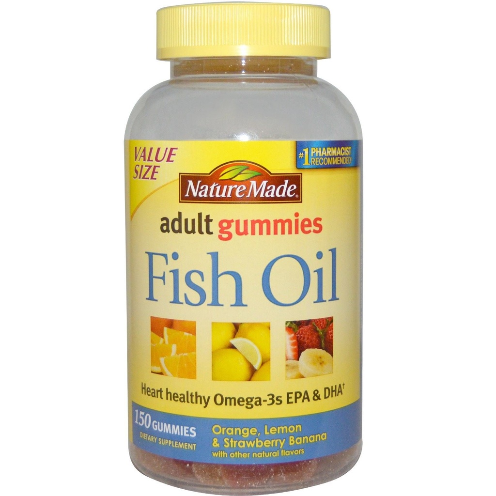 Natur laget fisk olje gummier, 150 mykegels verdi størrelse, med hjerte-sunn Omega 3s 57 mg, i Delicious Jordbær, sitron, & oransje
