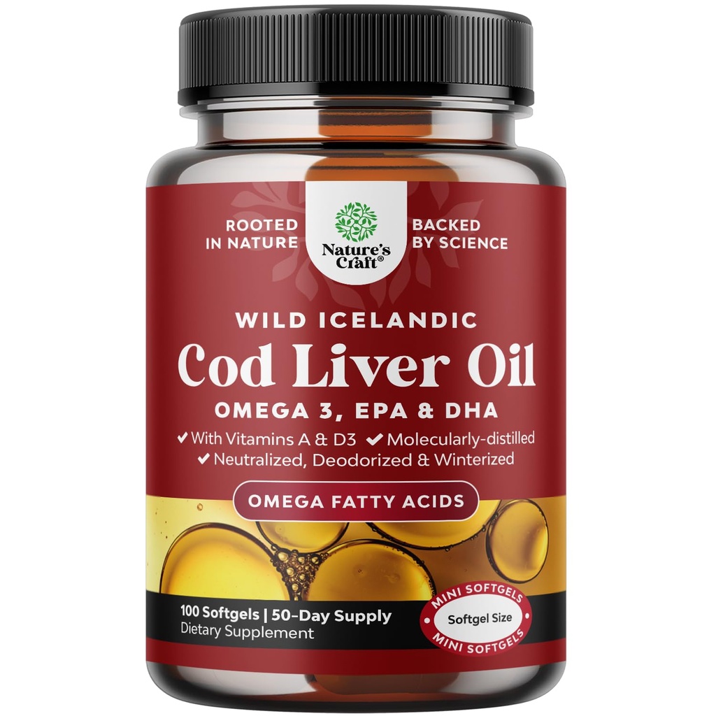 Icelandic Wild Fanget Cod Liver Oil Softgels - Fish Omega 3, EPA, DHA, Vitamin D & A, 1000mg Per Serving - Burpless Capsules for hjerte, felles, hjerne og immun støtte - 100 Teller