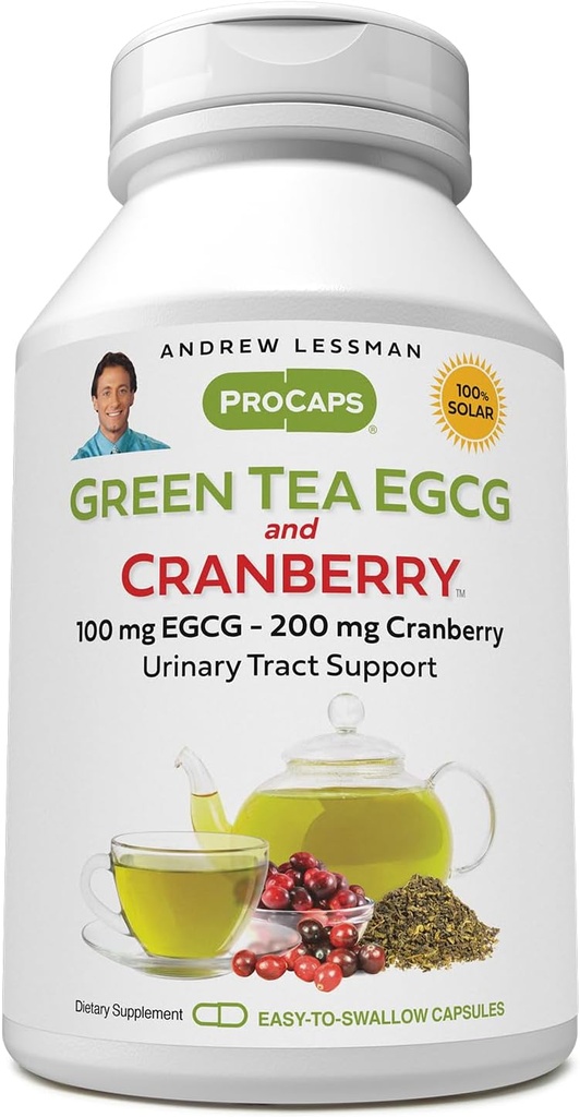 ANDREW LESSMAN Grønn Tee EGCG & Cranberry 180 Kapsler - Standardisert for katetere og polyfenoler. Hjelper beskytte vev, organ og systemer i hele kroppen. Kraftig antioksidant støtte