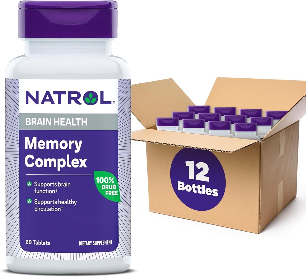 Narl minnekompleks med Ginkgo Biloba 120 mg og B vitaminer, kosttilskudd for hjerne helse og minne støtte, 60 tabletter, 30 dagers forsyning (pakke med 12)