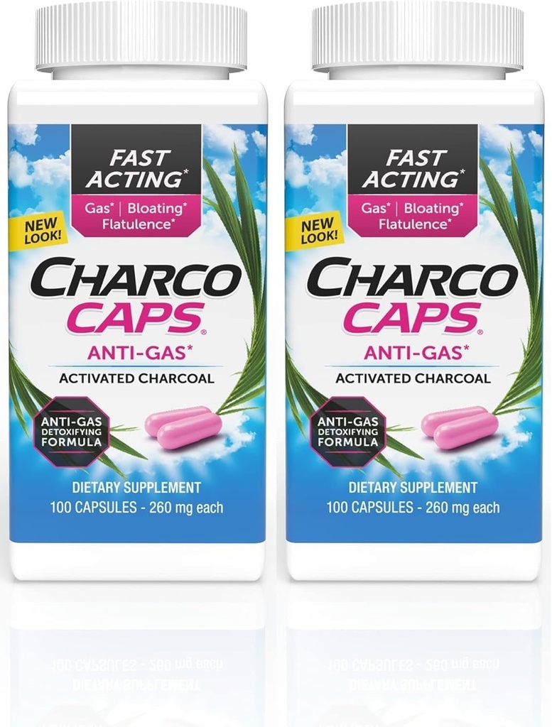 Charcocaps raskt fungerende gass relief for blooting & flatulens, narkotikafri avgiftsfri aktivert Charcoal Formula, 100 kapsler, 30 dagers forsyning, rosa-pakke 2