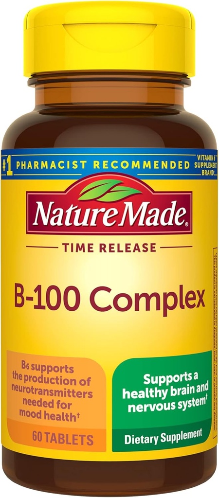 Nature Made Time Release Vitamin B-100 høy styrke B-kompleks, kosttilskudd for nervesystemet funksjonsstøtte, 60 time release tabletter, 60 dagers forsyning