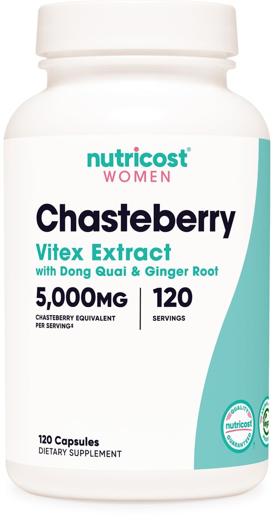 Nutricost Chasteberry Supplement for kvinner 120 kapsler, 5000mg tilsvarende per servering (fra 500mg 10:1 ekstrakt), med Dong Quai & Ginger rot ekstrakt, vegetarisk, glutenfri og ikke-GMO