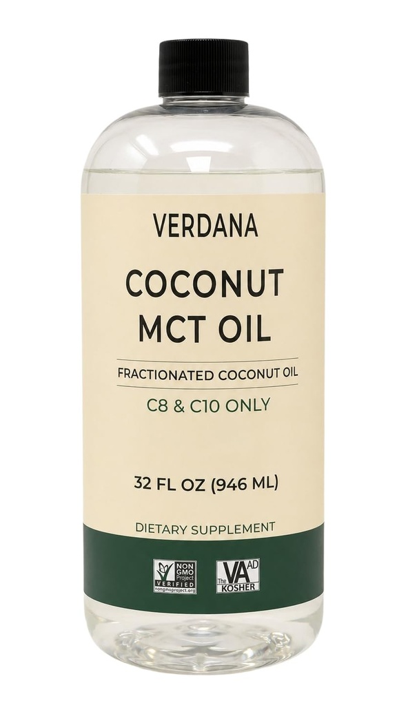 Verdana Mat Grade MCT Olje 32 oz – for keto kaffe, uflavored naturlig olje Pulling Munnvask & Massasje - 100% kokosnøttavledet fraksjonert olje - middels kjede triglycerider C8 C10 –Non-GMO, Kosher