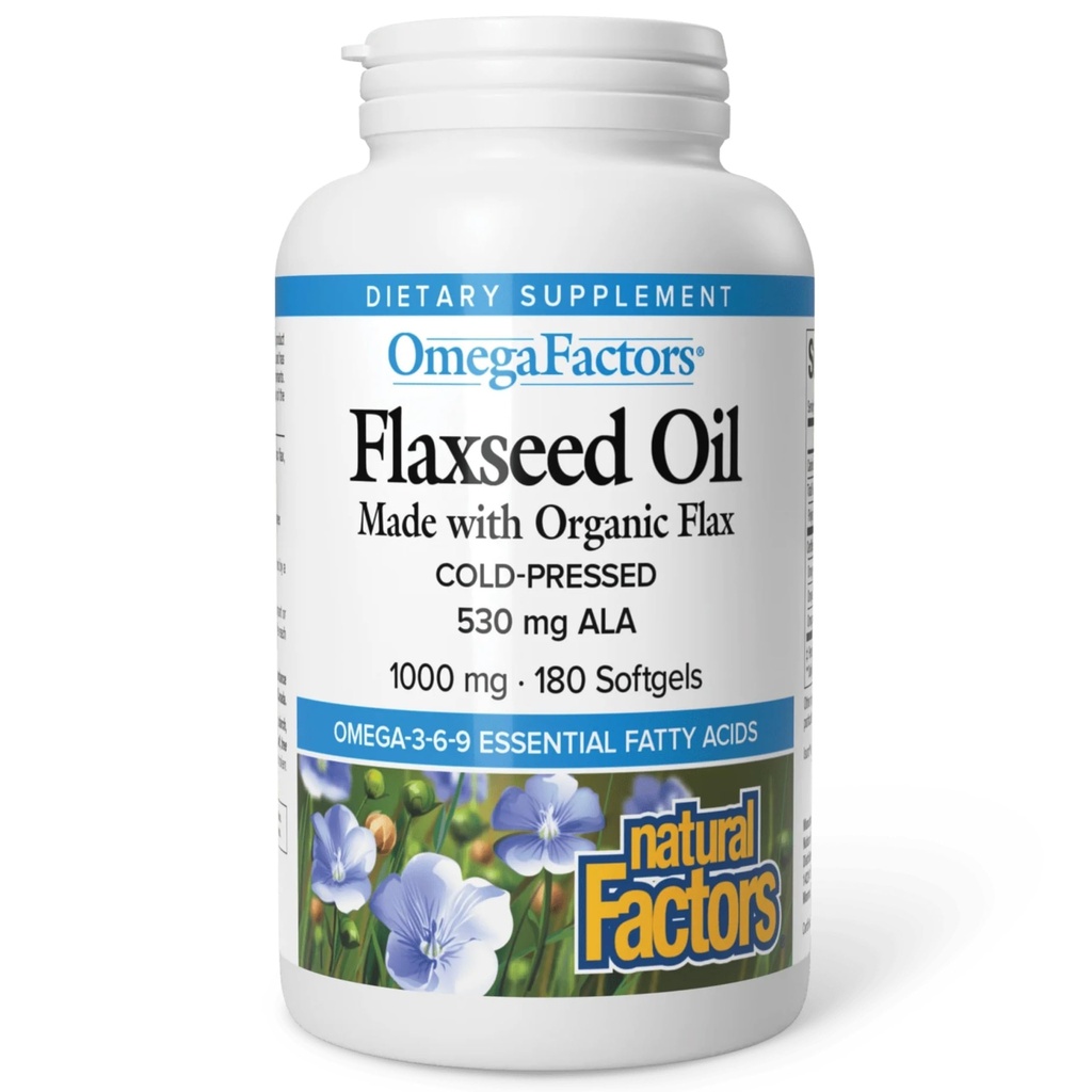 Omega Factors by Natural Factors, Flaksfrøolje, støtter generell helse med Omega-3, 6 og 9 fettsyrer, 180 mykegel (180 porsjoner)