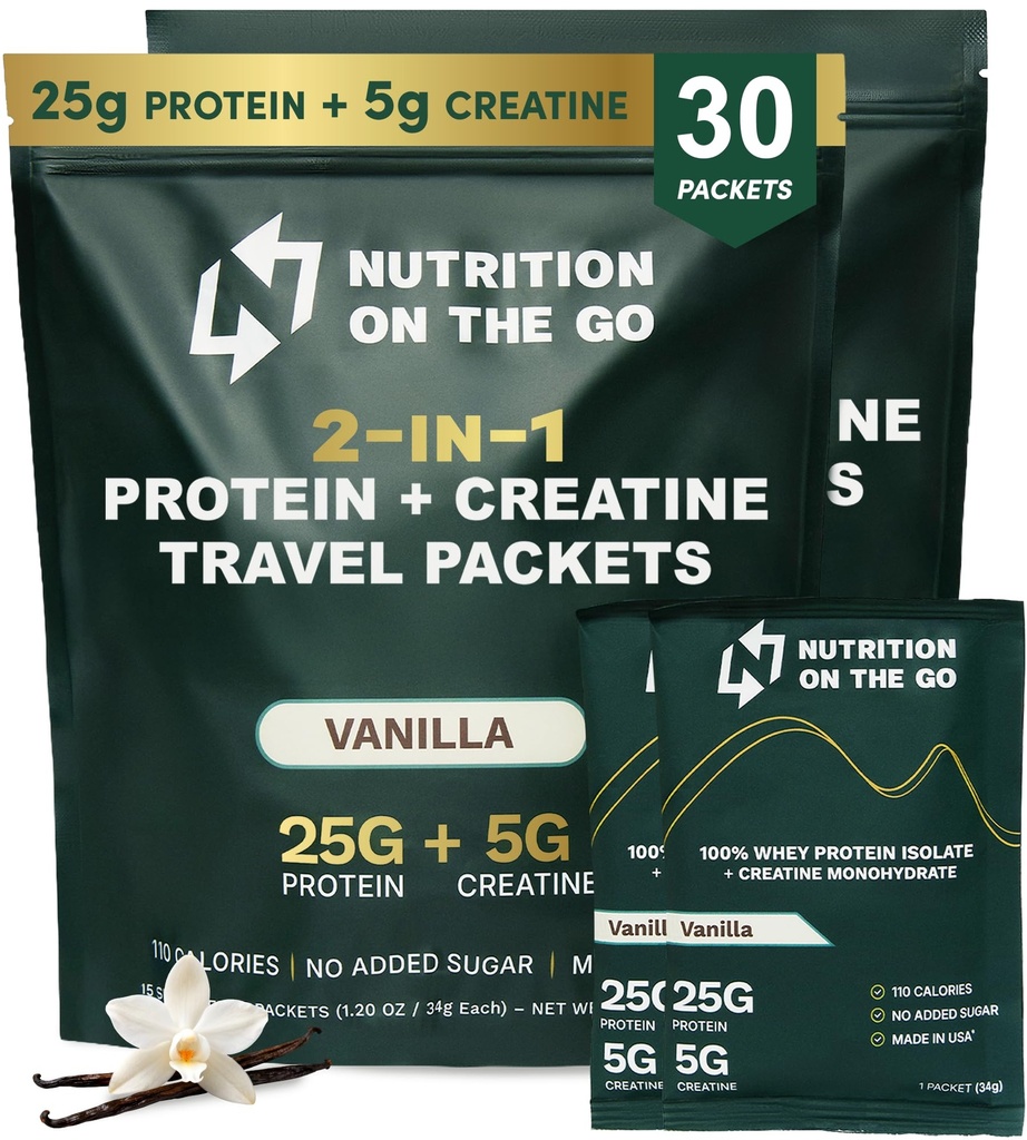 Ernæring på Go Whey Protein Isoler pakker med kreatin – 25g Protein + 5g Kreatin – Single-Serve Reise Protein pulver – Vanilla (30-Pack)