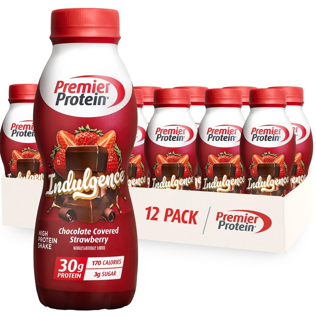 Premier Protein Indulgence Protein Shake, 30g protein, 3g sukker, sjokolade dekket jordbær, 11.5 fl oz, pakke med 12