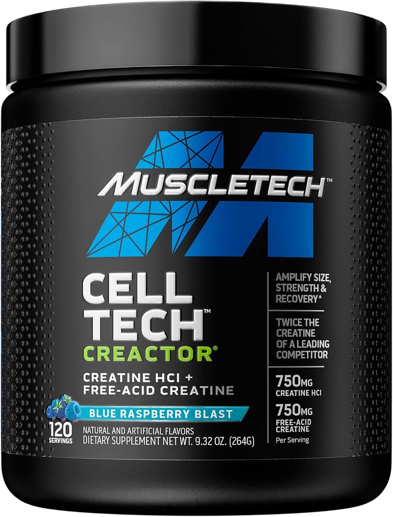 Kreatin pulver  Muscle MuscleTech Cell-Tech Creactor | Kreatin HCl Formel | Muskelbygger for menn og kvinner | Kreatin HCl + Free-Acid Creatine | Kreatin kosttilskudd | Blå bringebær Blast, 120 serveringer