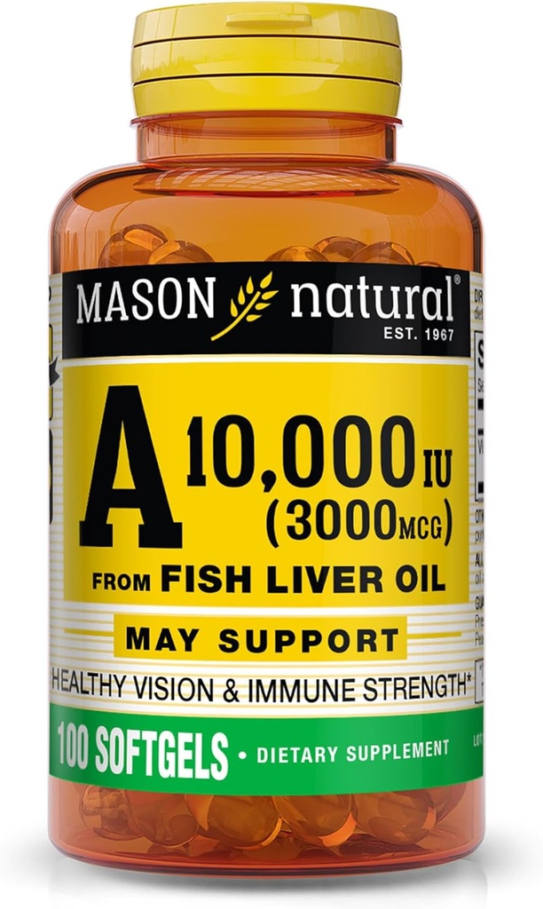MASON NATURAL vitamin A 3000 mikrog (10 000 IE) fra fisk leverolje, støtter visjon og immun helse, 100 Softgels