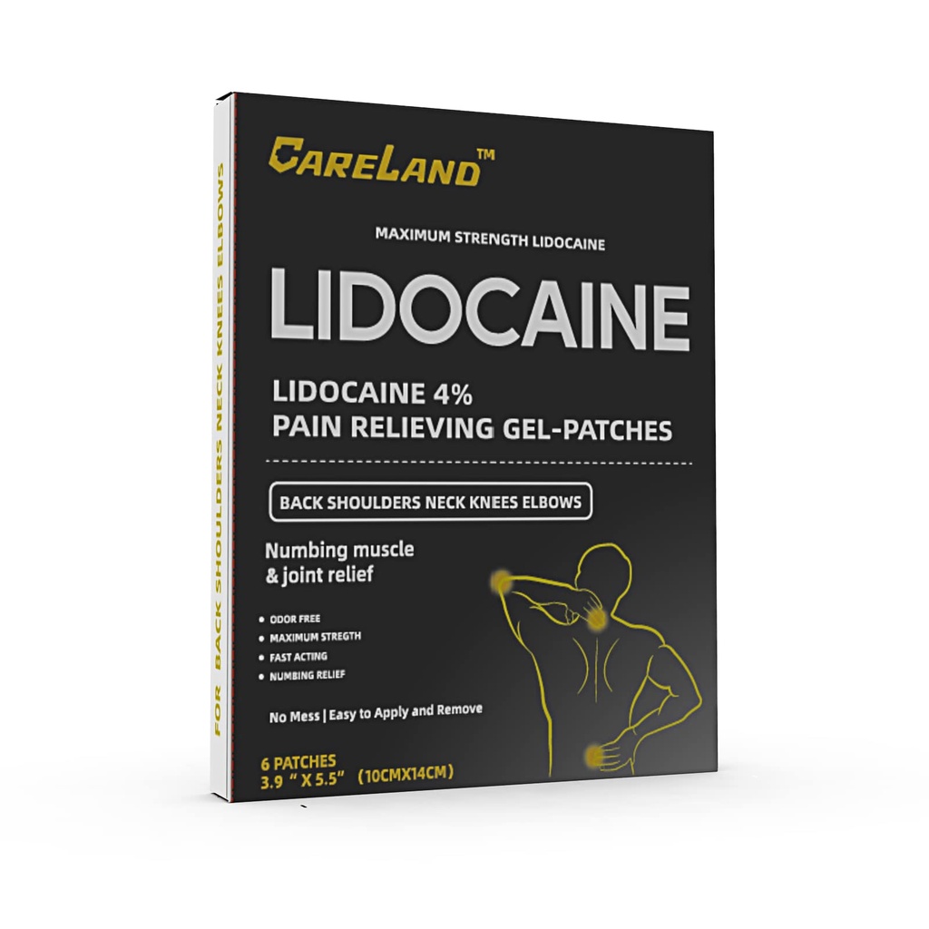 CARELAND 4% Lidocaine Gel Patch, 6 greve | Maks styrke smerte patchs for muskel relief i halsknøye rygg og skulder | Unscented Numbing Patch for beroligende nerver, ledd