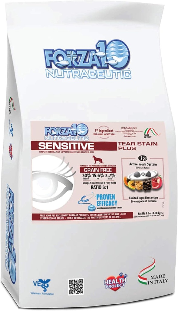Forza10 Sensitive Tear Stain korn gratis tørr hundemat, sunn tørr hundemat formulert for å redusere hundens tear stain, hund øyepleie og tear Stain fjerning (9 pund)