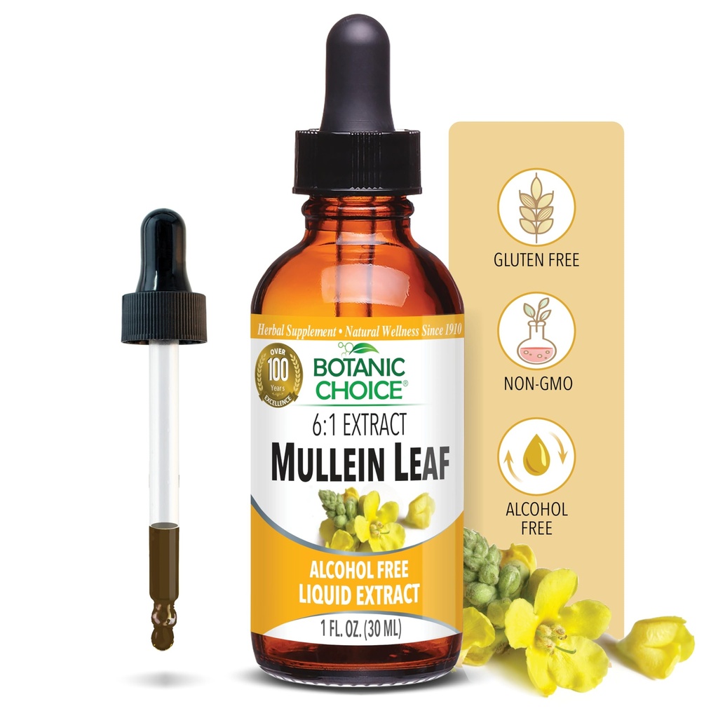 Botanisk valg Mullein Leaf flytende ekstrakt, alkoholfri, Glutenfri, Tradisjonell pustende støtte 1 fl. oz.