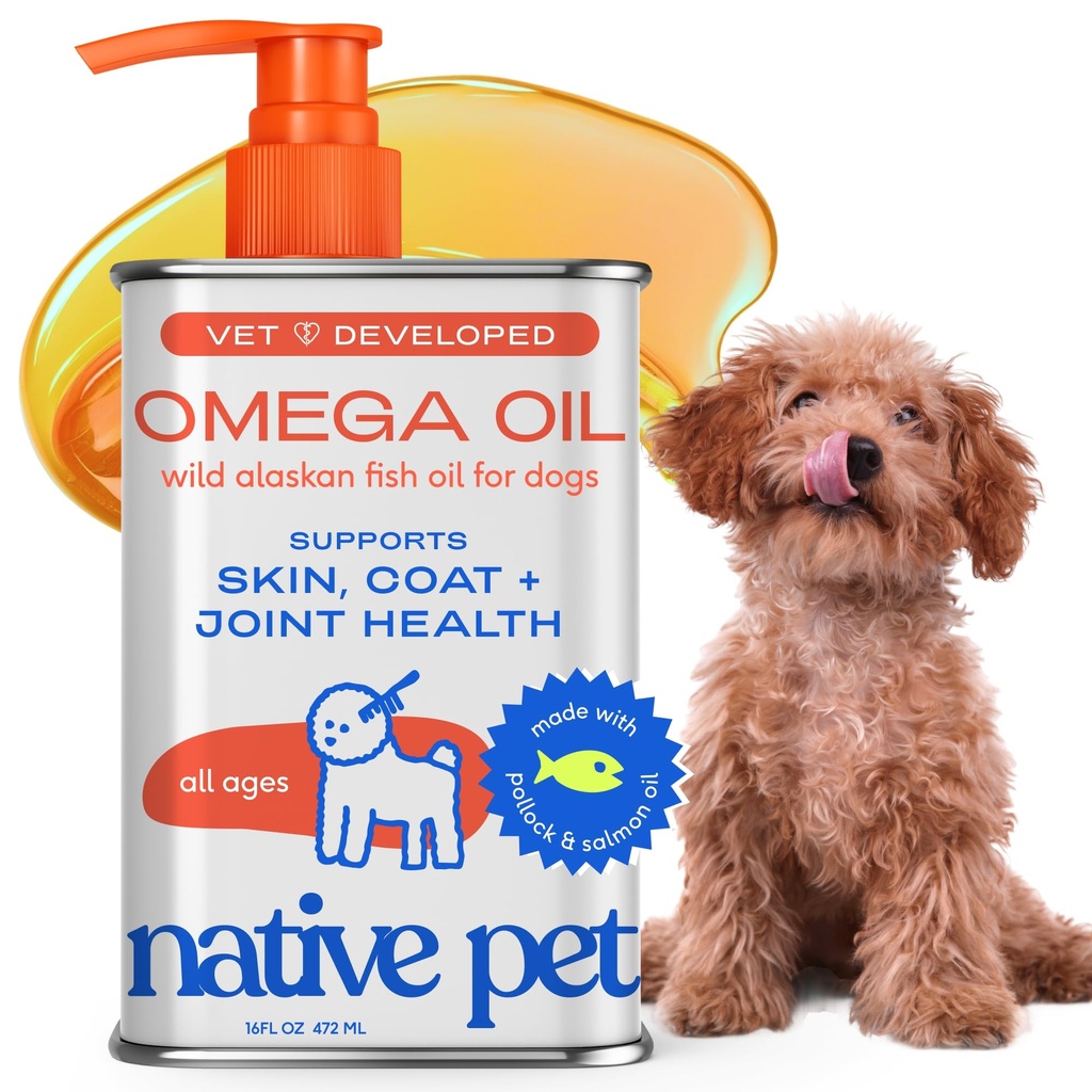 Native Pet Omega 3 Fiskeolje for hunder og katter - fremmer sunn hud, skinnende Coat, & sterke ledd - laget med vilde Alaskan lakseolje for hunder - Tastig, rask absorberende Omega 3 6 9 flytende Supplement-16oz