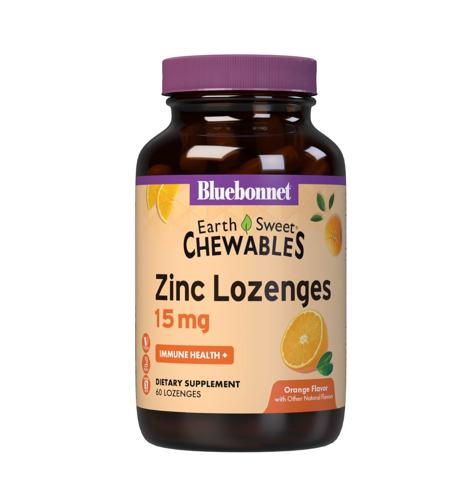 Blåbonnet Ernæring Jordsweet Sink Lozenges 15 mg Chewables, Plus 100 mg vitamin C, soya-fri, Glutenfri, Kosher Certified, Dairy-Free, Vegansk, Orange Flavored, 60 Lozenges