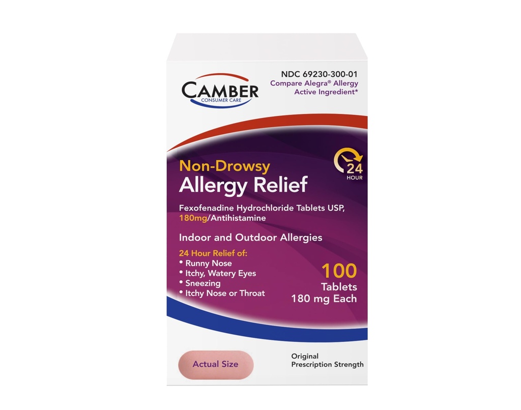 Camber Fexofenadin Antihistaminer Ikke-Drowsy Innendørs Utendørs 24 timer Allergi Relief Medisin 100 tabletter