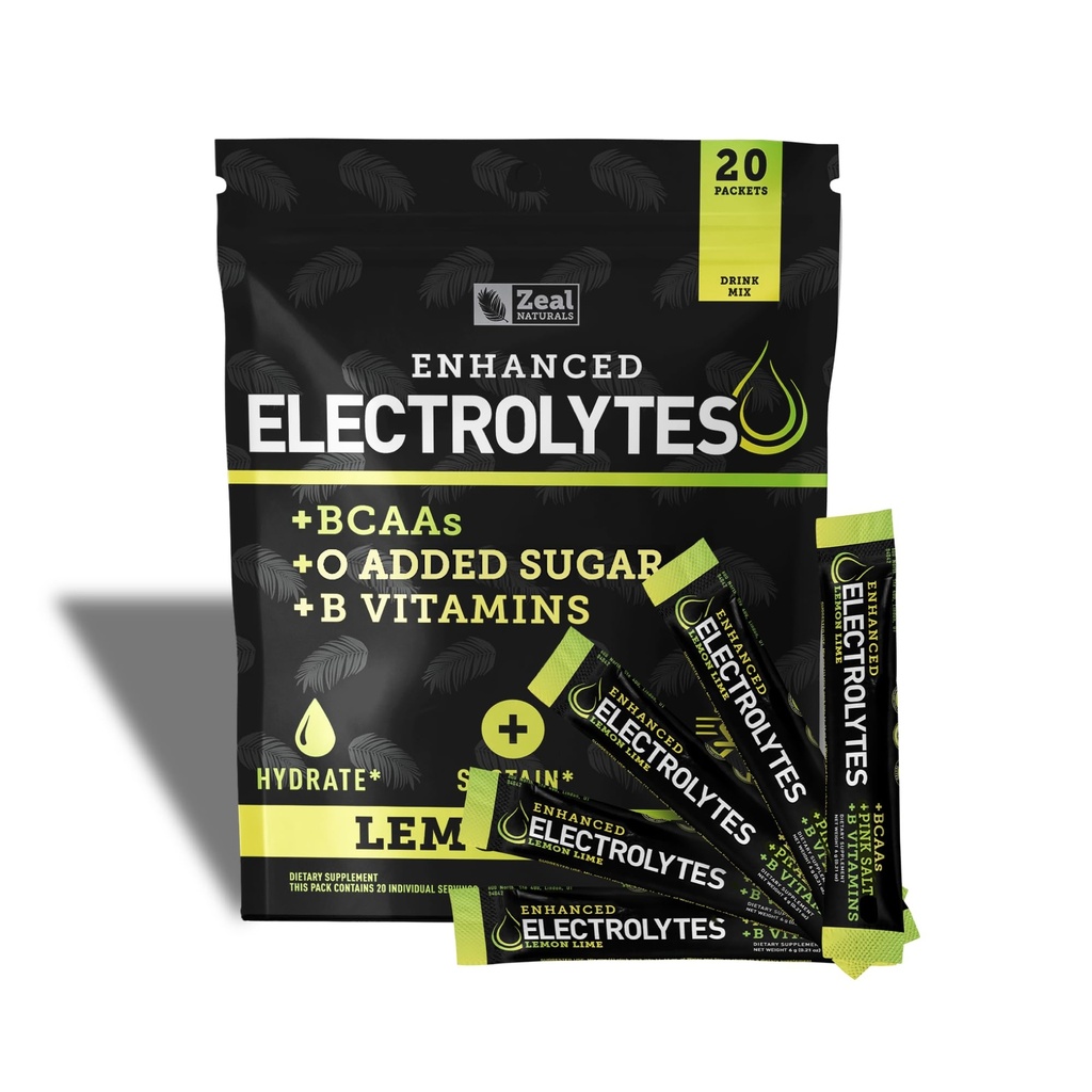 Forbedret elektrolyte pulver pinne pakker (Lemon Lime | 20 Packets) v/ 0 sukker + BCAA + B-vitaminer Electrolyte Supplement w Kalium sink & magnesium for Hydration - Keto elektrolyter