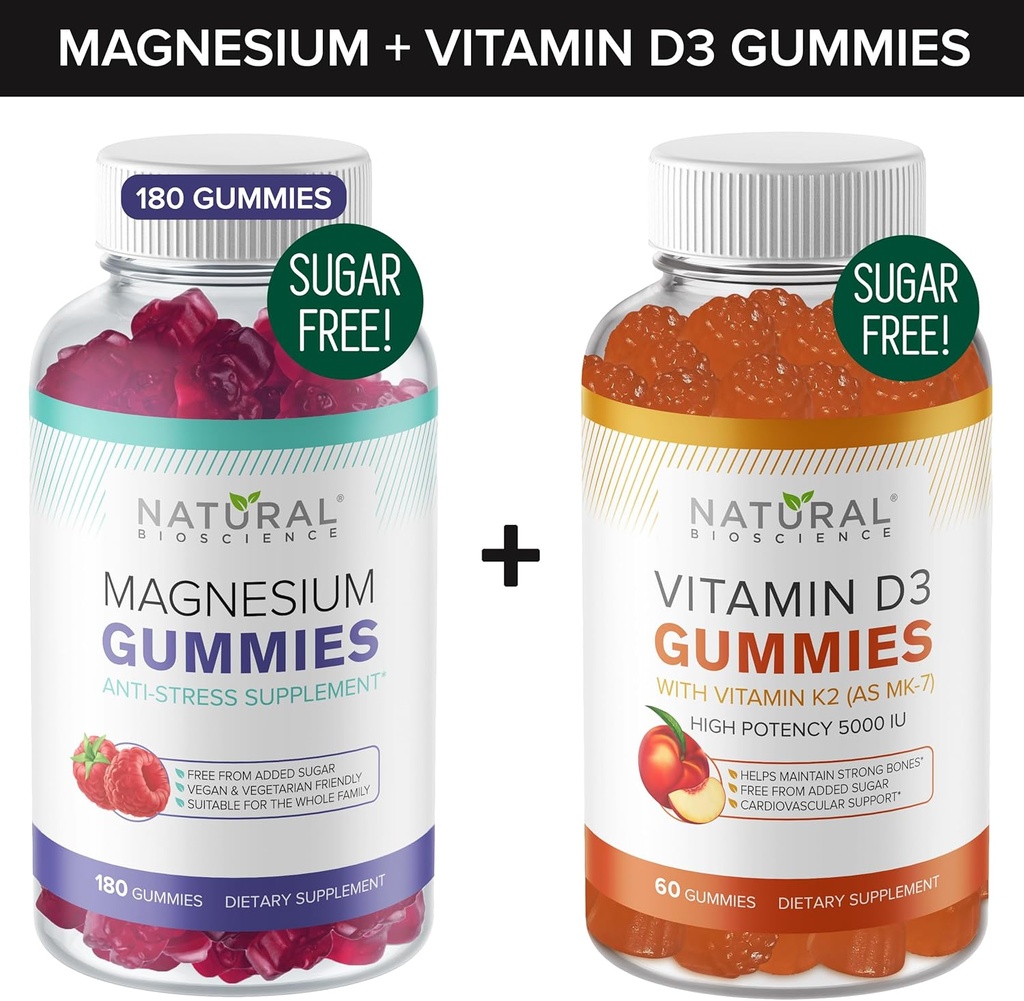 Sukkerfri Magnesium Gummies (180 Gummies) & sukkerfri vitamin D Gummies (60 Gummies) – immunstøtte og avslappende verdi Bundle, Gelatin-fri, Glutenfri, Vegetarisk, Alle naturlige, GMO-fri, Kosher