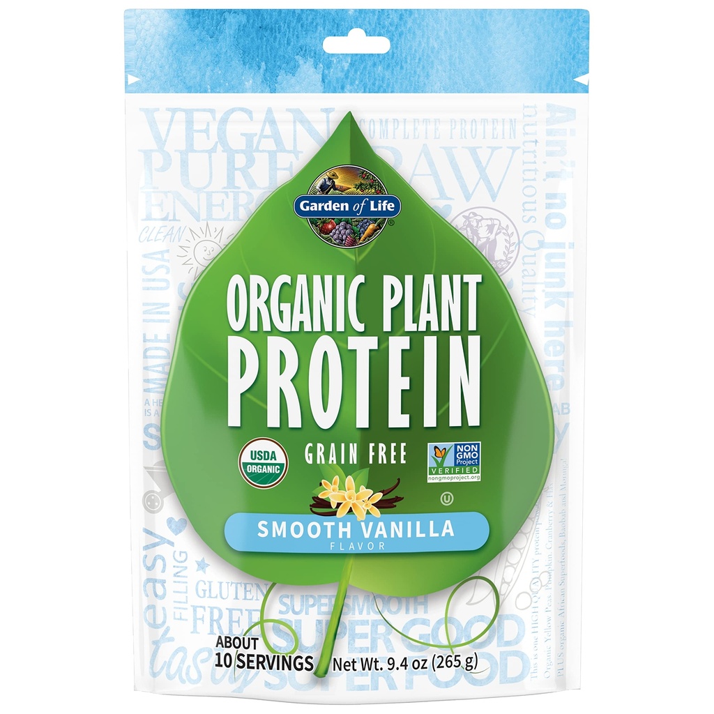 Garden of Life Organic Plant Protein Smooth Vanilla Powder, 10 serveringer - Vegan, Korn gratis og Glutenfri Plant Basert Shake med 1 milliard CFU Probiotika og enzymer, 15g Protein