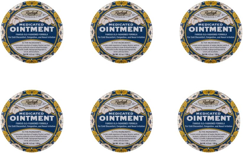 Rawleigh Medisinert Ointment: 4.5 oz Blå Tinn, Topical Chest Rub for kaldt, Nasal kongessjon, mindre smerter og smerte, med Camphor, Menthol & Eucalyptus, Non-Greasy Formula - Pakke med 6