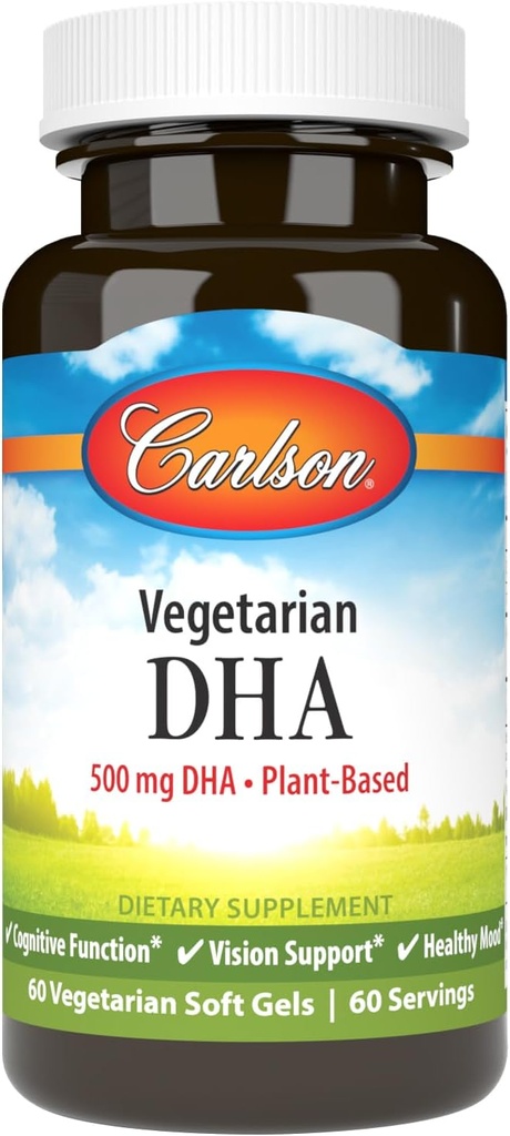 Carlson - Vegetarisk DHA, 500 mg DHA, Plant Basert, Sustainablely Source from Algae, Brain Support, Mood Health, 60 Softgels
