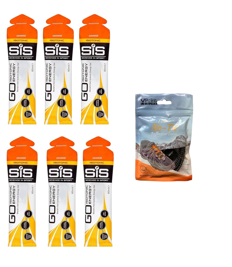 Vitenskap i Sport GO Isotoniske Energi Gels - 6 x 60ml Pakker Bundle med elastisk No-Tie Sko Laces. Vegansk, Laktosefri, Glutenfri, Hvetefri, Nøttefri, SOYA Gratis (Orange)