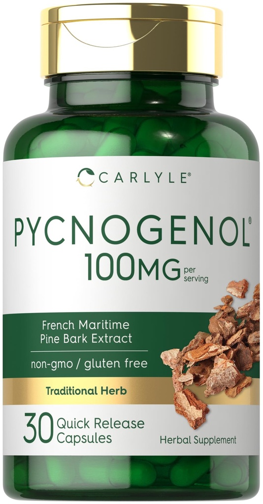 Carlyle Pycnogenol 100mg | 30 Kapsler | Fransk Maritime Pine Bark ekstrakt | Pinus Pinaster | Ikke-GMO og Glutenfri Supplement
