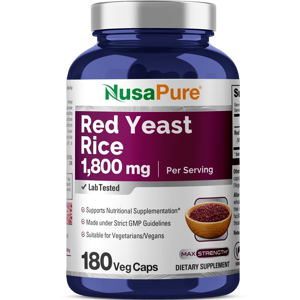 NusaPure Rød Yeast Rice 1800mg 180 Veggie Capsules (Non-GMO, Vegan)