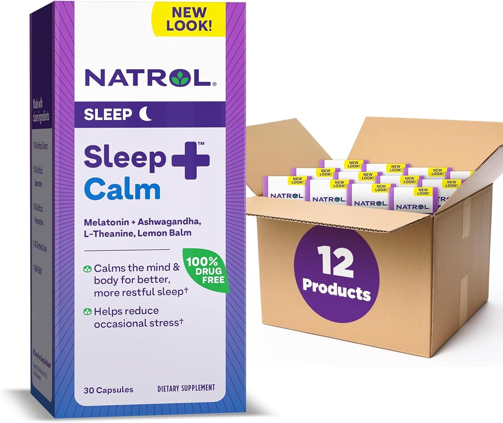 Natrol Sleep+ Calm Melatonin 6mg Med Ashwagandha, L-theanin og sitron Balm, Diett Supplement for hvilende søvn og rolig sinnet, 30 kapsler, 30 dagers forsyning (pakke med 12)