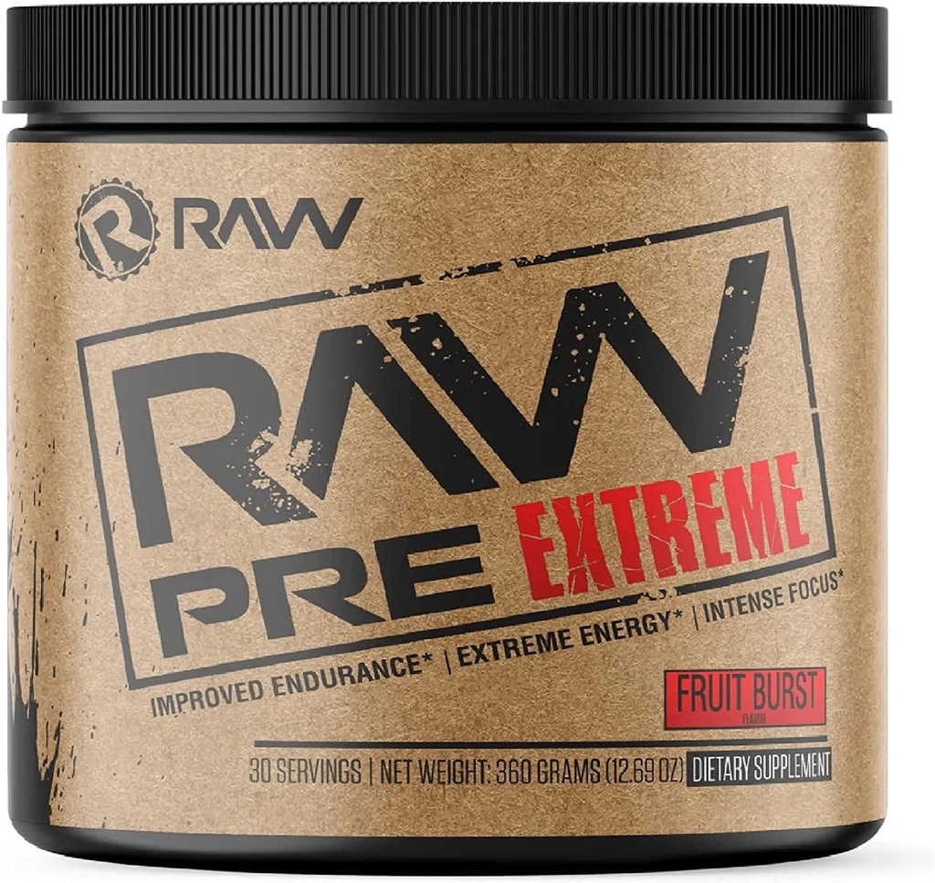 RAW Preworkout Ekstremt | Høy stimulant preworkout pulverdrikk, ekstrem energi, fokus og utholdenhet Booster | Eksplosiv styrke og pumpe under trening for Max gevinster | Frukt Burst (30 serveringer)