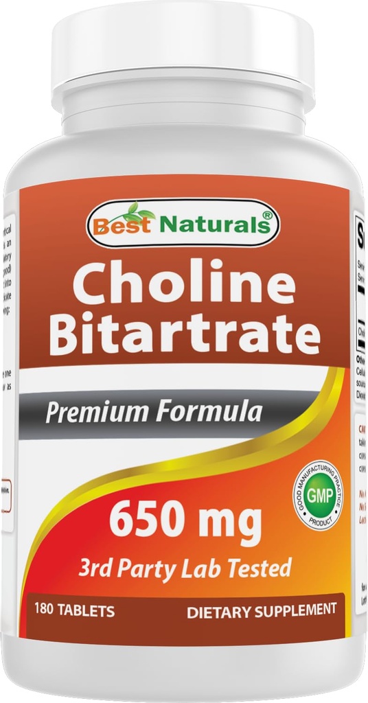 Best Naturals Choline Bitartrate 650 mg (Non-GMO) for sunn kognitiv hjernefunksjon 180 tabletter