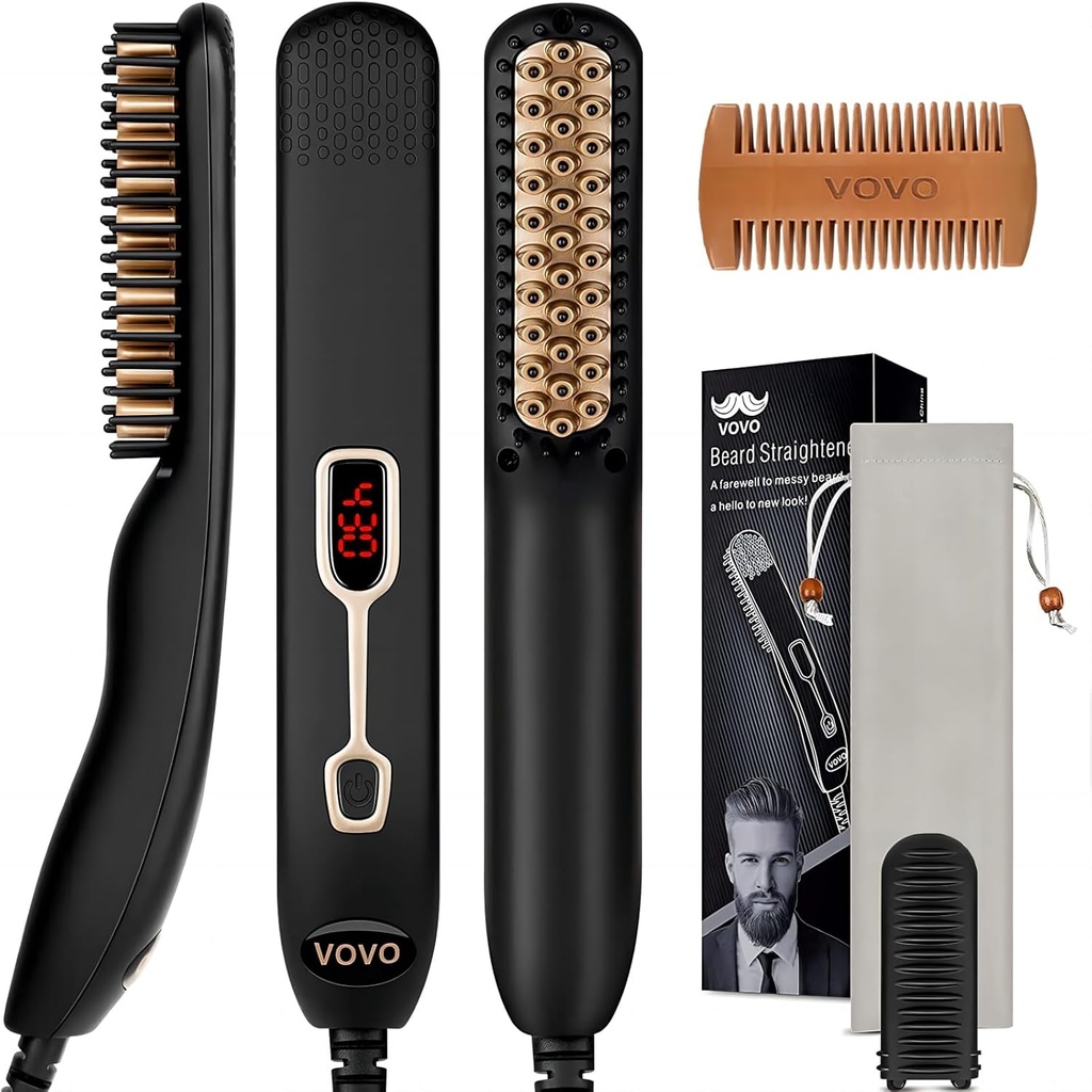 VOVO Beard Straightener Comb oppgradering profesjonell 2 i 1 menns beared straightening heated hår straightening børste bærbare anti-burn 6 temperatur justerbar med LED-skjerm for hjem og reise