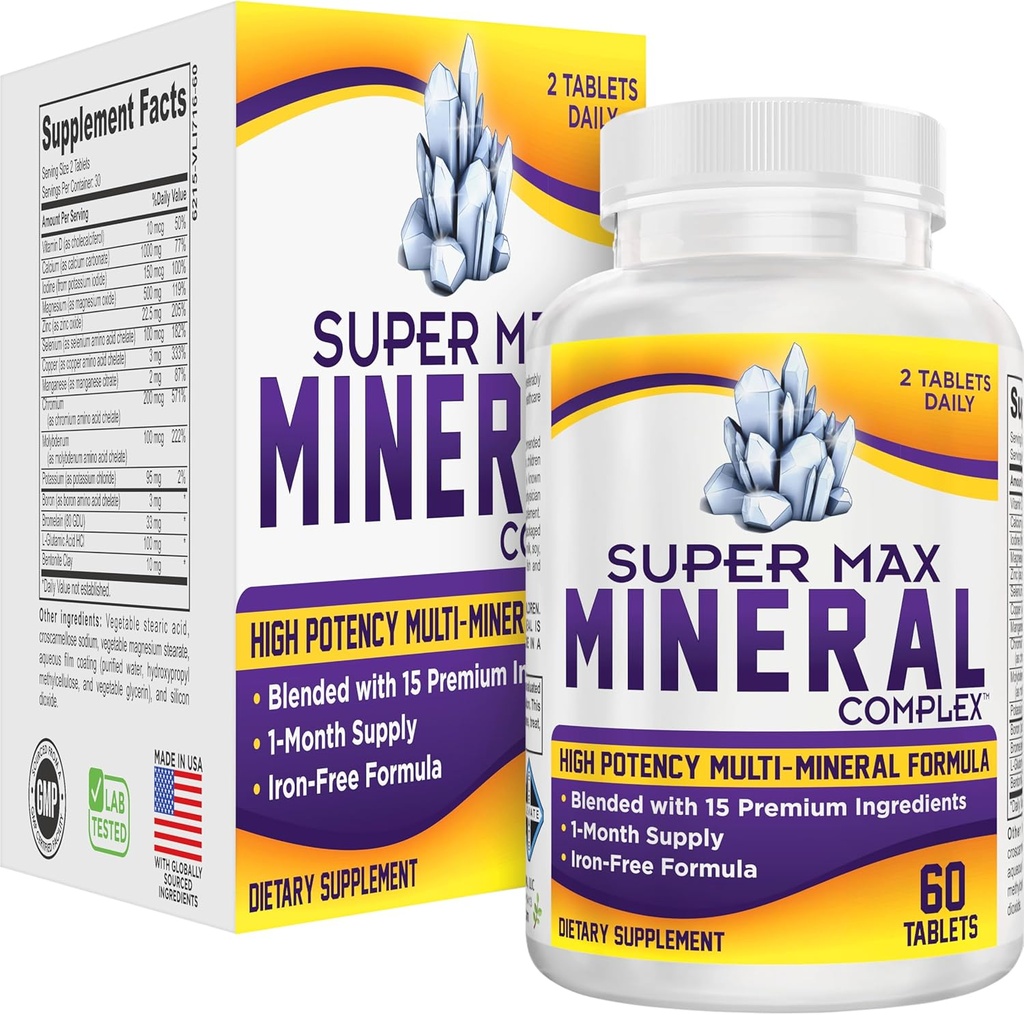 Super-MAX Multimineral Supplement (Iron Free) Multiminerals | Høy potens Multi Mineral Supplements (All-in-1) Minerals Formula | Mineral Complex | 1-month Supply | 60 Tabletter
