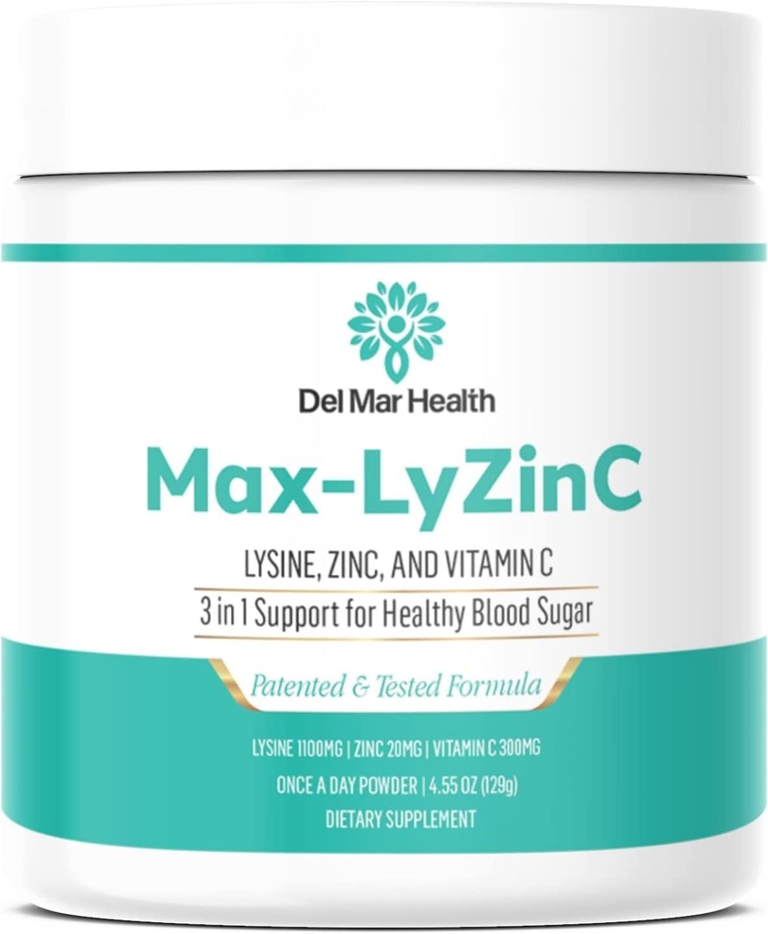Max-LyZinC | L-Lysine 1100 mg + Sink 6 mg + vitamin C 100 mg - 3-i-1 Supplement for å opprettholde blodsukk allerede i sunn rekkevidde - One-Scoop-Per Day pulver