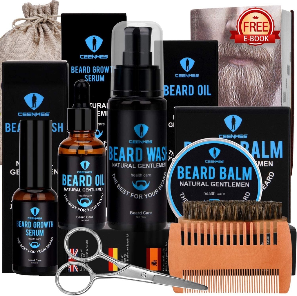 Beard Grooming Kit,Beard Kit med Beard Olje, Beard Growth Serum, Beard Vaske, Beard Balm, Beard Brush, Beard Comb, Beard & Mustache Scissors Beard Growth Kit unike gaver for menn