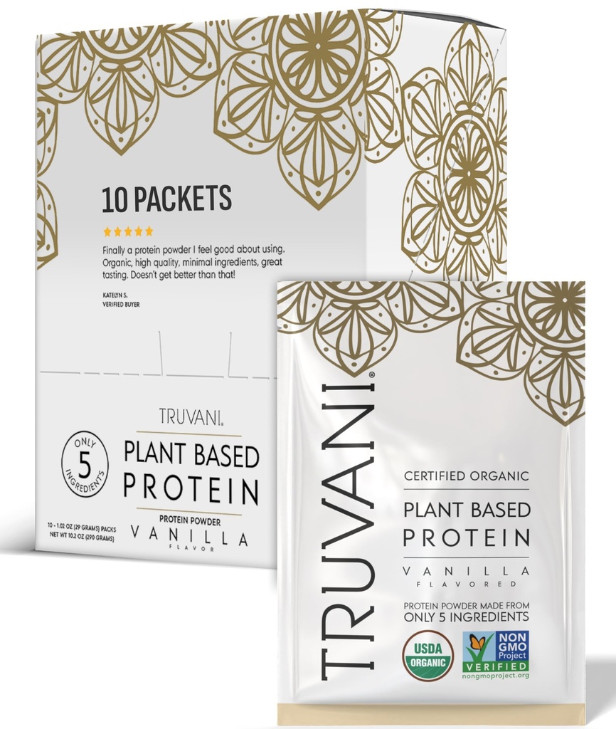 Truvani Vegan Pea Protein Powder | Vanilla | 20g Organisk Plante Basert Protein | Single Serving Reisepakker | 10 Serveringer | Keto | Gluten & Dairy Gratis | Lavkarbohydrat | Nei Lagt Sukker