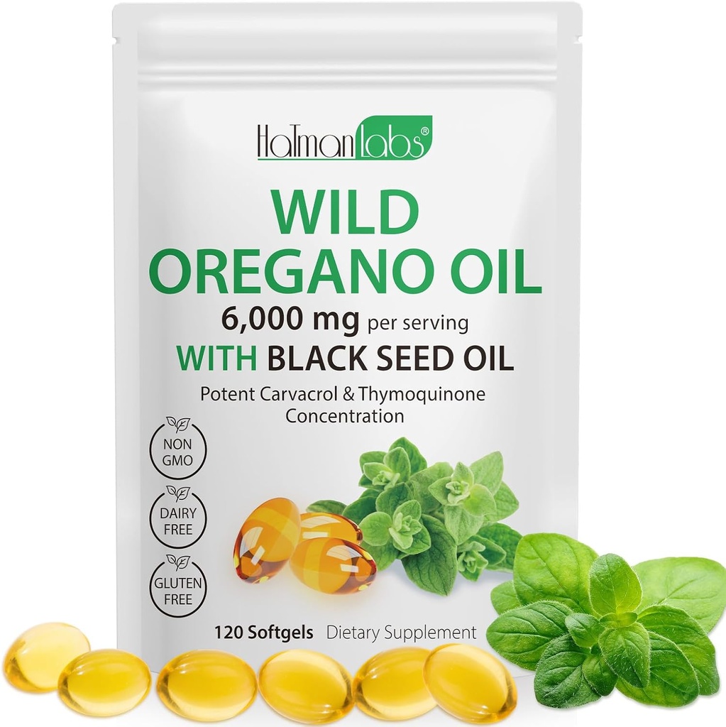 Oregano oljekapsler, 2 i 1 6000mg olje av Oregano med svart frøolje, vilde oregano olje immunologisk og antioksidant støtte,Non-GMO, Glutenfri, 120 Softgels (1 pose)