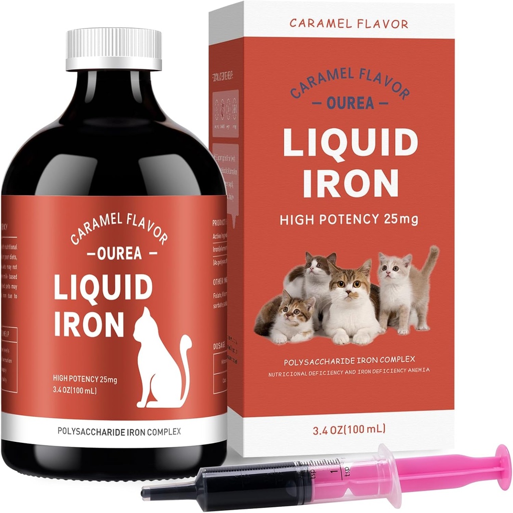 Jerntilskudd for katter - flytende jern for anemi med kattevitaminer, støtte jernnivå, fremme rød celle, økt energi og vitalitet i kattehelse, 3,4oz(100ml)