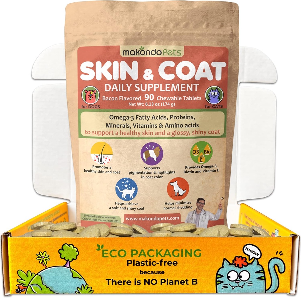 Hud og coat Supplement med fiskeolje og omega 3 for hunder og katter - Hunde Itch Relief Pet Supplement for shedding, tørr kløende hud og allergier - hundallergi behandling vitaminer (90 faner)