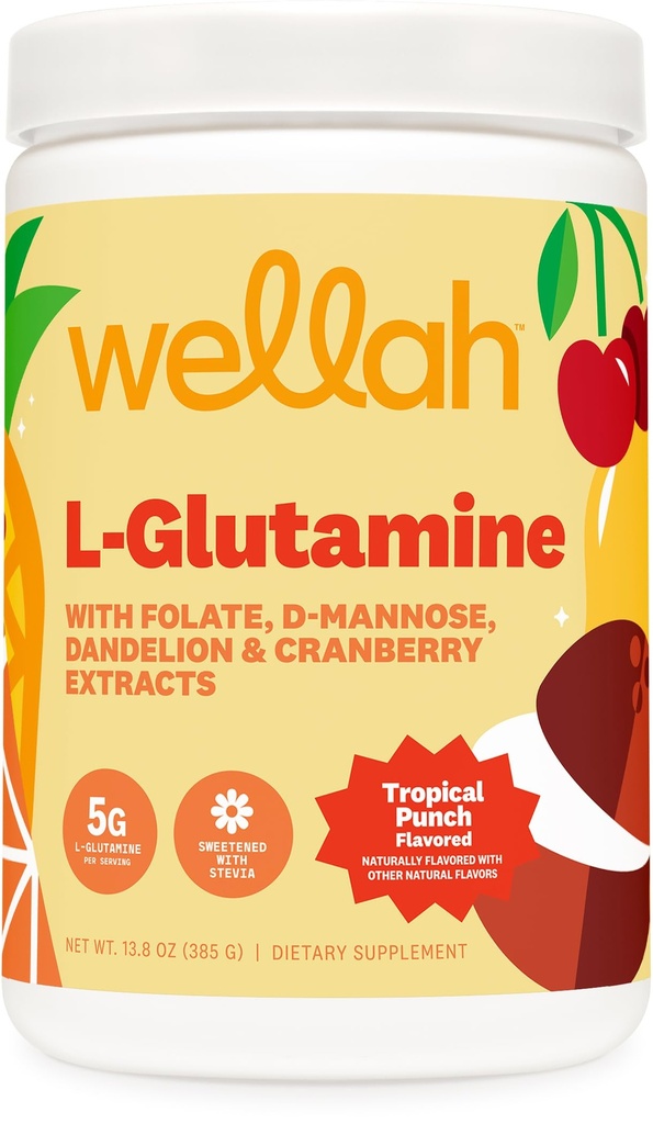 Wellah L-Glutamin pulver Tropical Punch (50 Serveringer) - 5g L-Glutamin Per Serving, Søt med Stevia