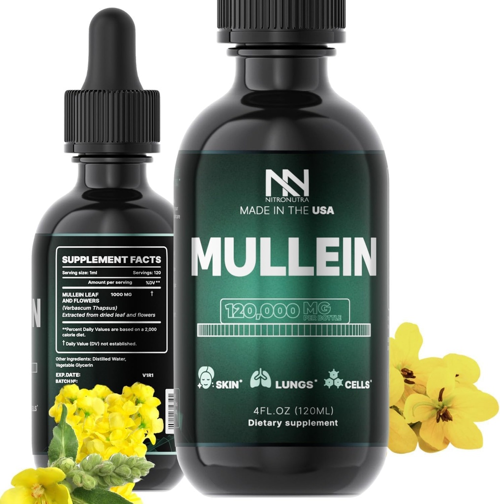 Mullein Drops for Lungs - Lung Cleanse & Detox - Mullein Leaf Extract for Lungs - Lung Detox for røykere - Bronchial og immunstøtte - Mullein Leaf Drops 4 Fl Oz