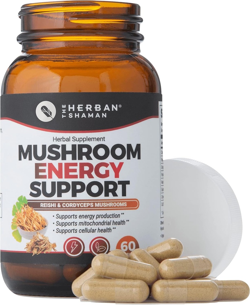 Mushroom Supplement Energistøtte | Økologisk Mushroom Herbal kapsler med Reishi, Ginkgo, Rhodiola, Maca, Kinesisk Ginseng, CoQ10 + Mer (60 Kapsler)