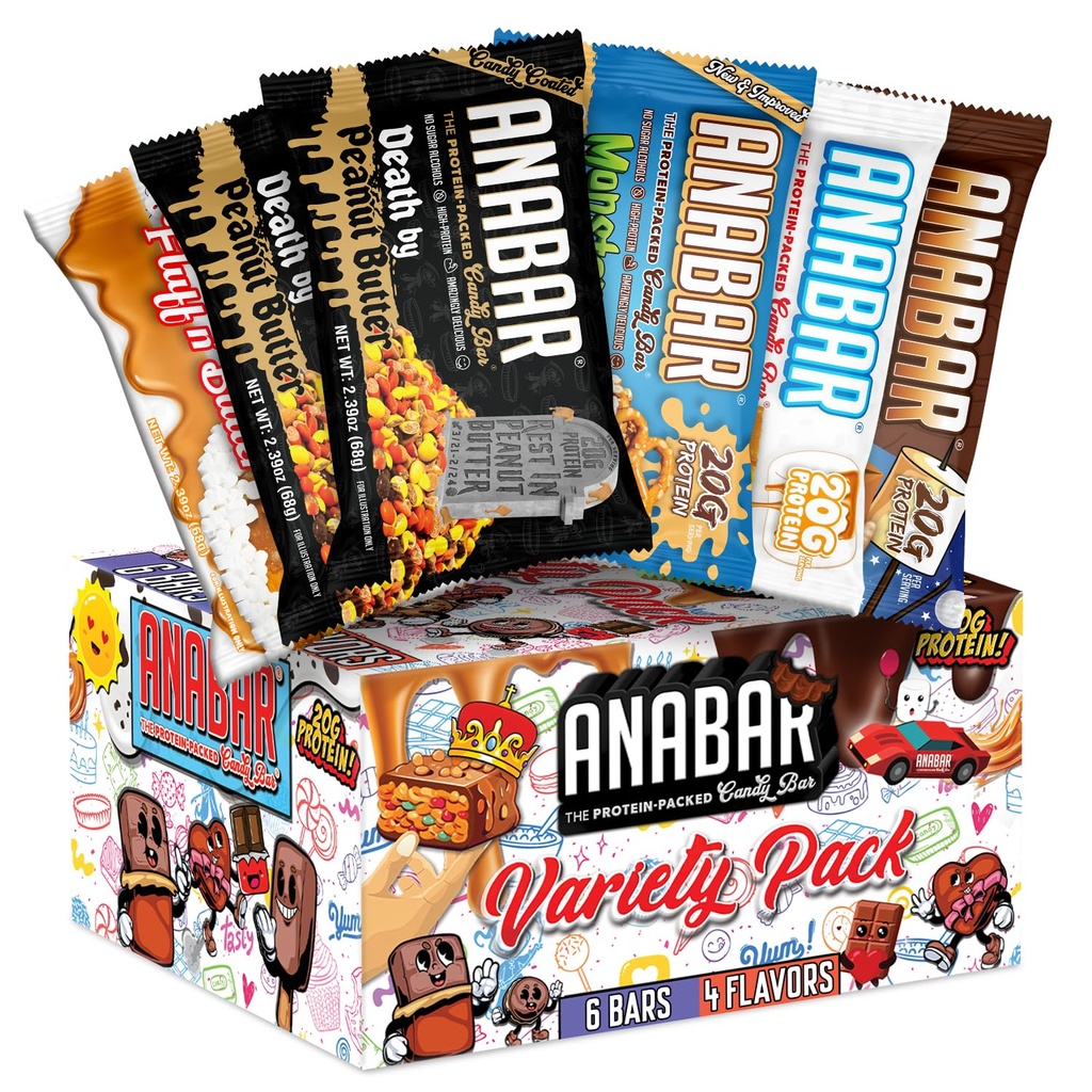 Anabar Protein Bar, The Sampler Pack, The Protein-pakket Candy Bar, World's Best Tasting Protein Bar, Ingen sukkeralkoholer, høyt protein, Utrolig Delicious, 20 gram protein (6 Bars, Original Variety)
